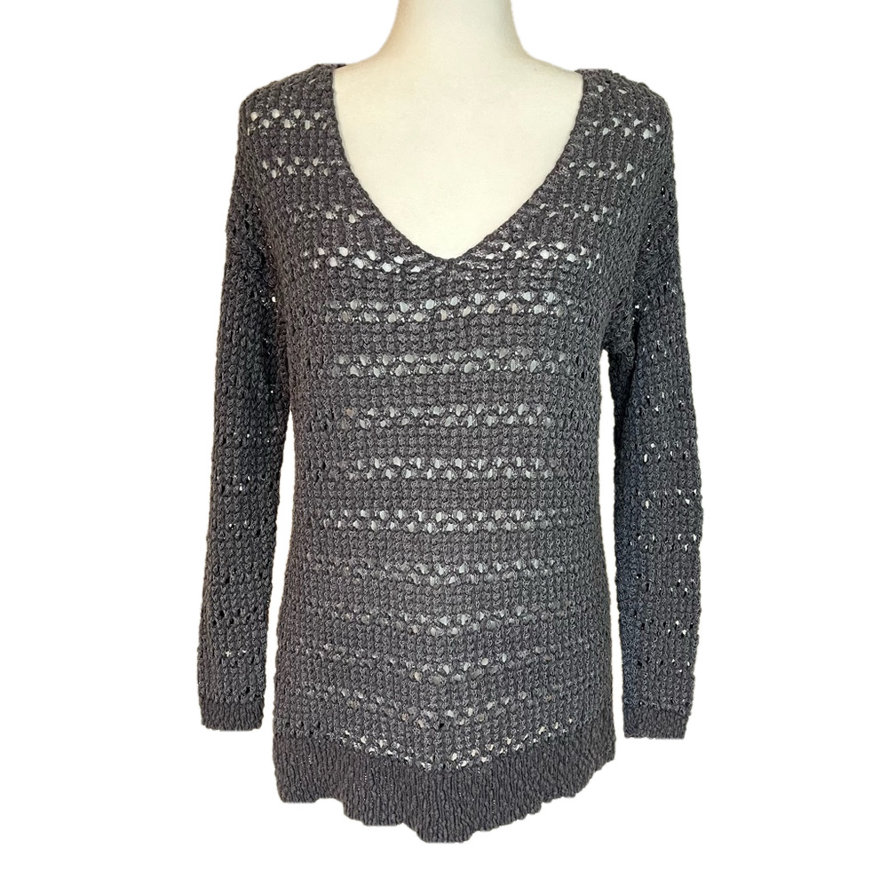 Ann Taylor Women’s Open Crochet V-Neck Long Sleeve Grey Sweater M Y2K Beachy